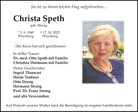 Traueranzeige von Christa Speth von Fränkische Nachrichten