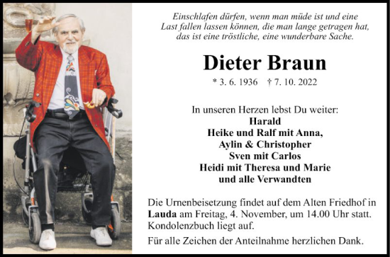 Traueranzeige von Dieter Braun von Fränkische Nachrichten