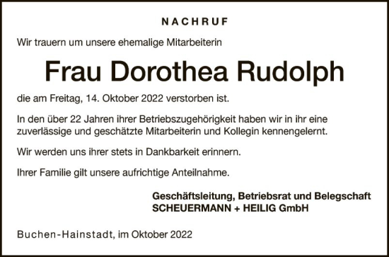 Traueranzeige von Dorothea Rudolph von Fränkische Nachrichten