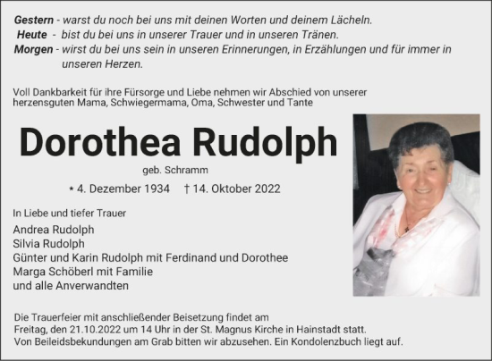 Traueranzeige von Dorothea Rudolph von Fränkische Nachrichten