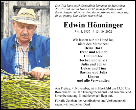 Traueranzeige von Edwin Hönninger von Fränkische Nachrichten