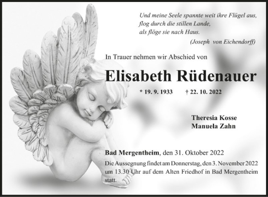 Traueranzeige von Elisabeth Rüdenauer von Fränkische Nachrichten