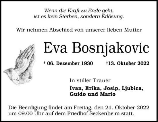 Traueranzeige von Eva Bosnjakovic von Mannheimer Morgen