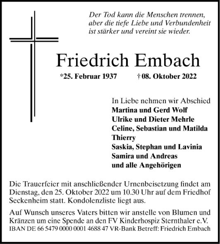  Traueranzeige für Friedrich Embach vom 22.10.2022 aus Mannheimer Morgen