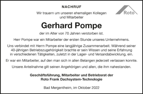 Traueranzeige von Gerhard Pompe von Fränkische Nachrichten