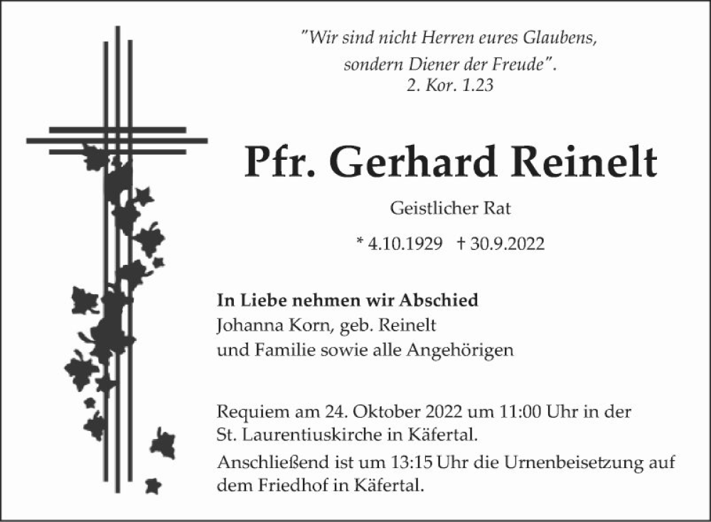  Traueranzeige für Gerhard Reinelt vom 15.10.2022 aus Mannheimer Morgen