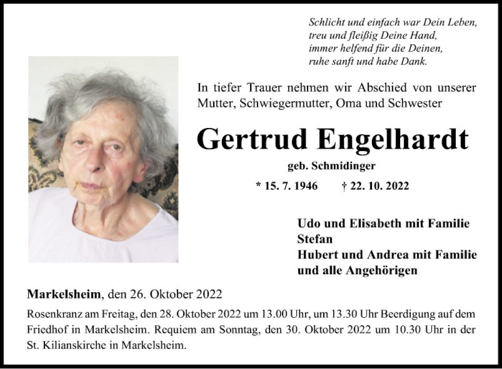  Traueranzeige für Gertrud Engelhardt vom 26.10.2022 aus Fränkische Nachrichten