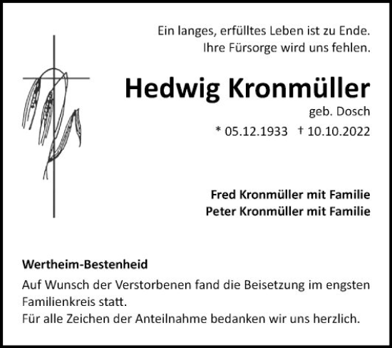 Traueranzeige von Hedwig Kronmüller von Fränkische Nachrichten