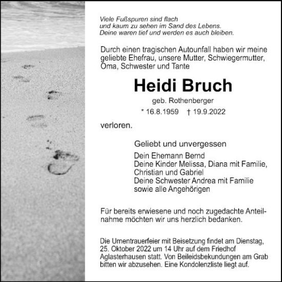 Traueranzeige von Heidi Bruch von Mannheimer Morgen