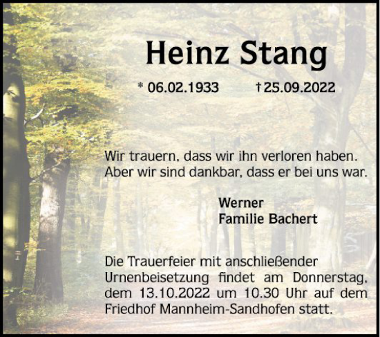 Traueranzeige von Heinz Stang von Mannheimer Morgen