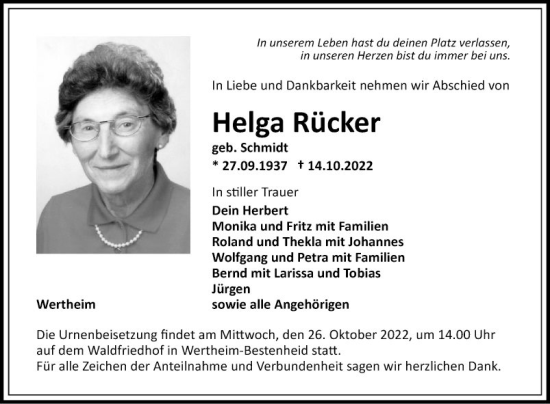 Traueranzeige von Helga Rücker von Fränkische Nachrichten