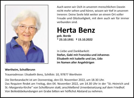 Traueranzeige von Herta Benz von Fränkische Nachrichten