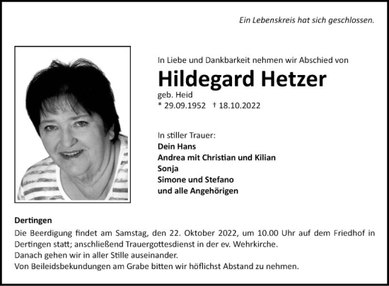 Traueranzeige von Hildegard Hetzer von Fränkische Nachrichten