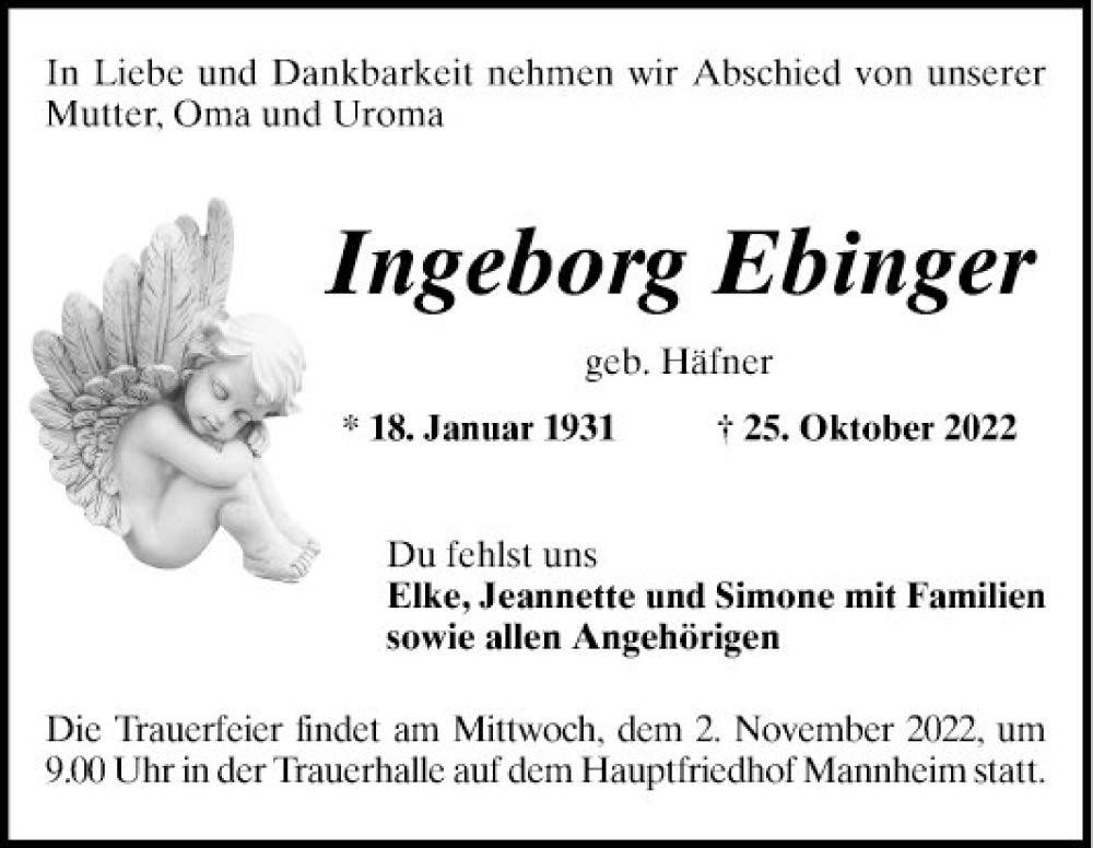  Traueranzeige für Ingeborg Ebinger vom 29.10.2022 aus Mannheimer Morgen