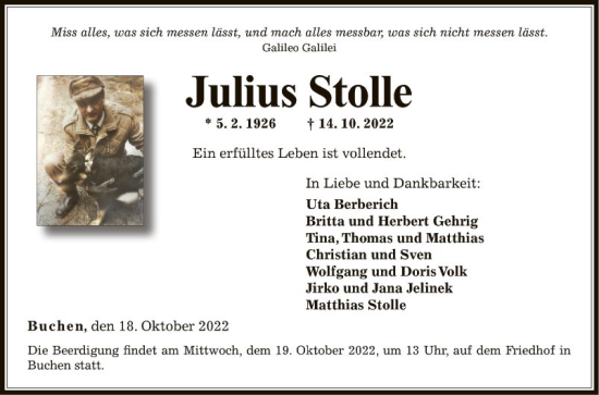 Traueranzeige von Julius Stolle von Fränkische Nachrichten