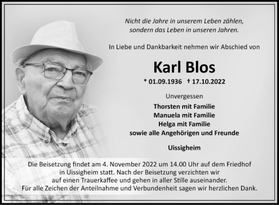 Traueranzeige von Karl Blos von Fränkische Nachrichten