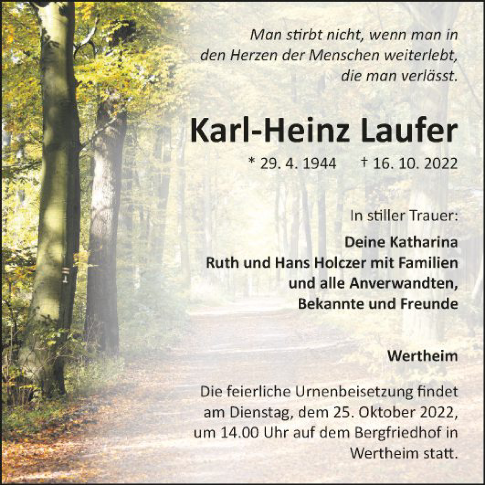  Traueranzeige für Karl-Heinz Laufer vom 22.10.2022 aus Fränkische Nachrichten