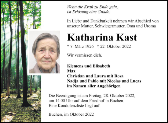 Traueranzeige von Katharina Kast von Fränkische Nachrichten