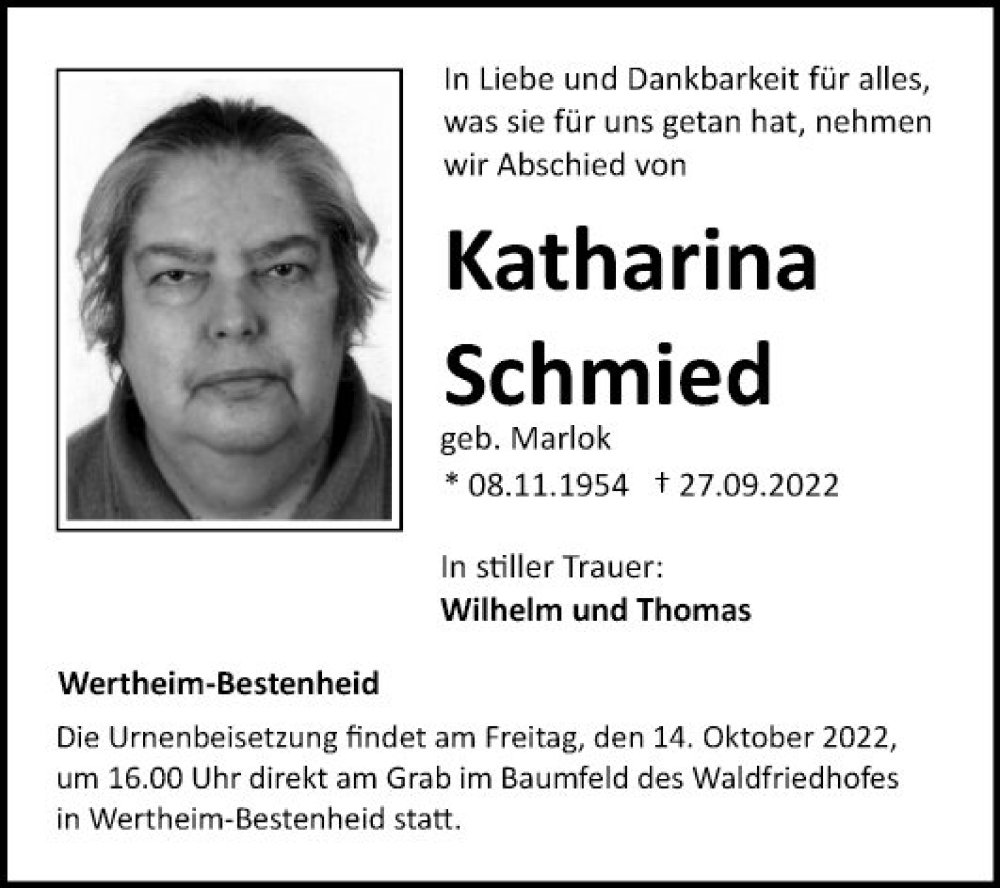  Traueranzeige für Katharina Schmied vom 08.10.2022 aus Fränkische Nachrichten