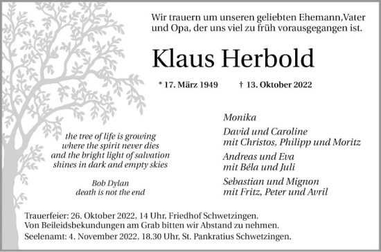 Traueranzeige von Klaus Herbold von Schwetzinger Zeitung