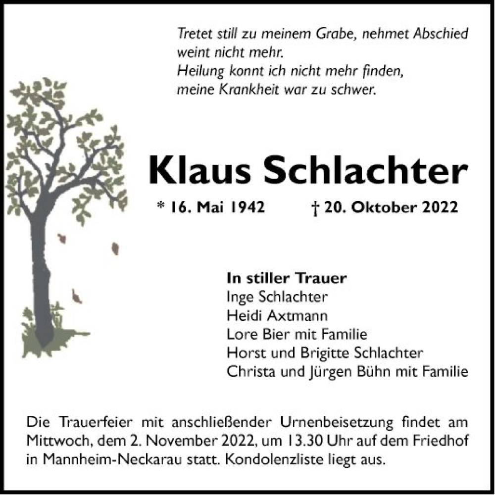  Traueranzeige für Klaus Schlachter vom 29.10.2022 aus Mannheimer Morgen