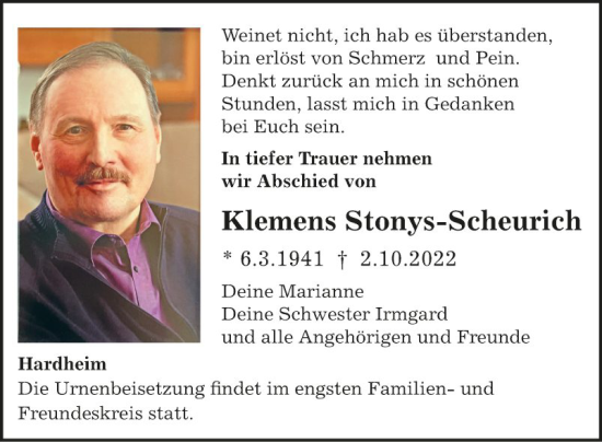 Traueranzeige von Klemens Stonys-Scheurich von Fränkische Nachrichten