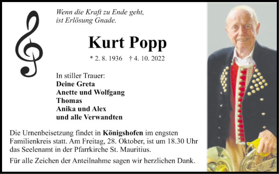 Traueranzeige von Kurt Popp von Fränkische Nachrichten