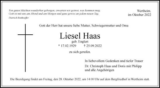 Traueranzeige von Liesel Haas von Fränkische Nachrichten