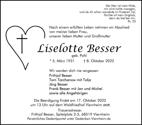 Traueranzeige von Liselotte Besser von Mannheimer Morgen