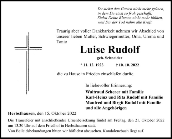 Traueranzeige von Luise Rudolf von Fränkische Nachrichten