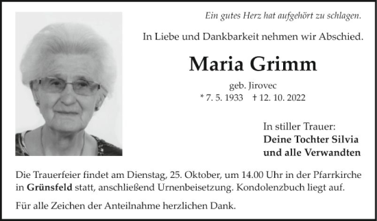 Traueranzeige von Maria Grimm von Fränkische Nachrichten