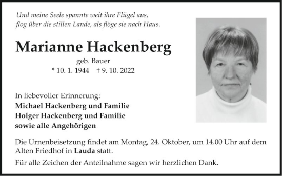 Traueranzeige von Marianne Hackenberg von Fränkische Nachrichten