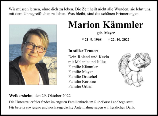 Traueranzeige von Marion Kämmler von Fränkische Nachrichten