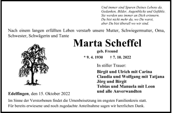 Traueranzeige von Marta Scheffel von Fränkische Nachrichten