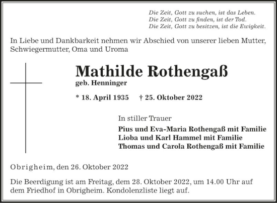 Traueranzeige von Mathilde Rothengaß von Fränkische Nachrichten