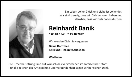 Traueranzeige von Reinhardt Banik von Fränkische Nachrichten