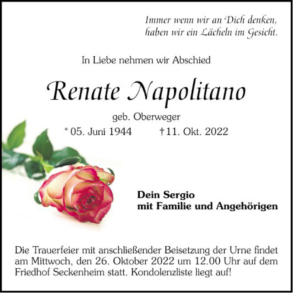  Traueranzeige für Renate Napolitano vom 22.10.2022 aus Mannheimer Morgen