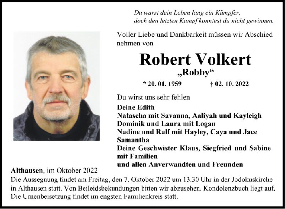  Traueranzeige für Robert Volkert vom 06.10.2022 aus Fränkische Nachrichten