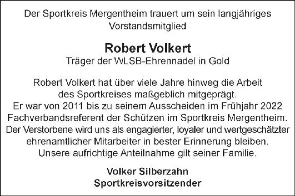  Traueranzeige für Robert Volkert vom 07.10.2022 aus Fränkische Nachrichten