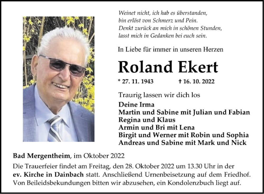  Traueranzeige für Roland Ekert vom 26.10.2022 aus Fränkische Nachrichten
