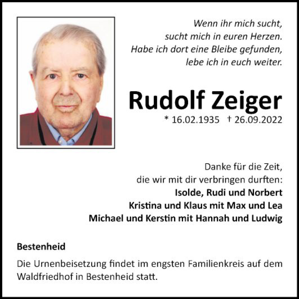  Traueranzeige für Rudolf Zeiger vom 05.10.2022 aus Fränkische Nachrichten
