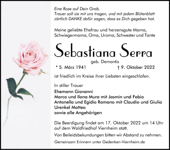 Traueranzeige von Sebastiana Serras von Mannheimer Morgen