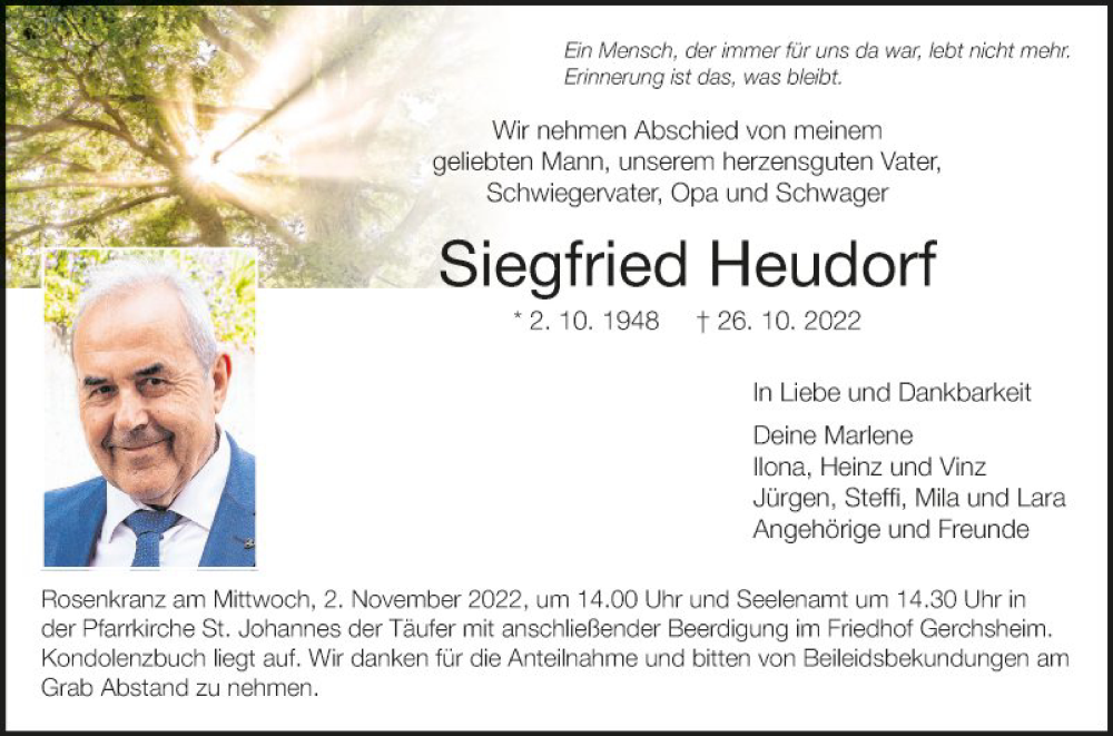  Traueranzeige für Siegfried Heudorf vom 29.10.2022 aus Fränkische Nachrichten