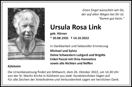 Traueranzeige von Ursula Rosa Link von Fränkische Nachrichten