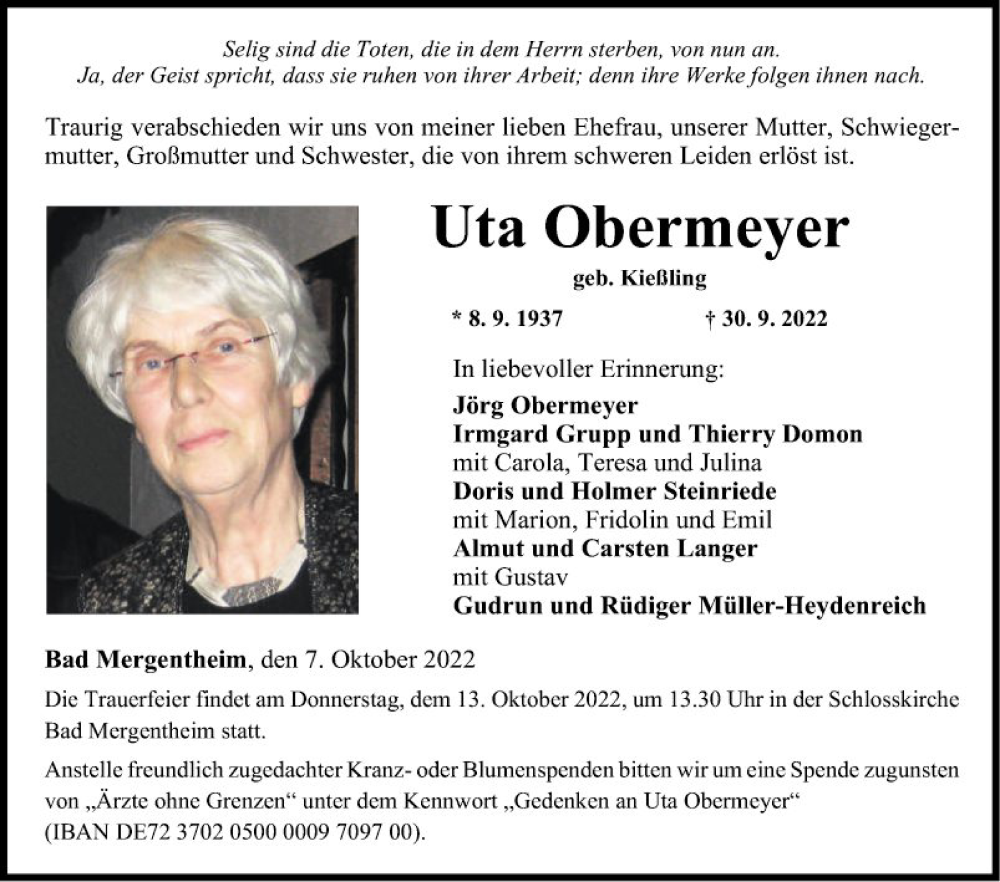  Traueranzeige für Uta Obermeyer vom 07.10.2022 aus Fränkische Nachrichten
