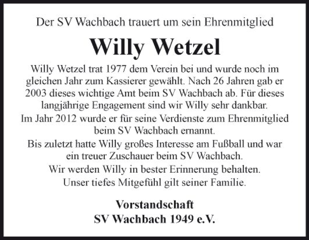  Traueranzeige für Willy Wetzel vom 24.10.2022 aus Fränkische Nachrichten
