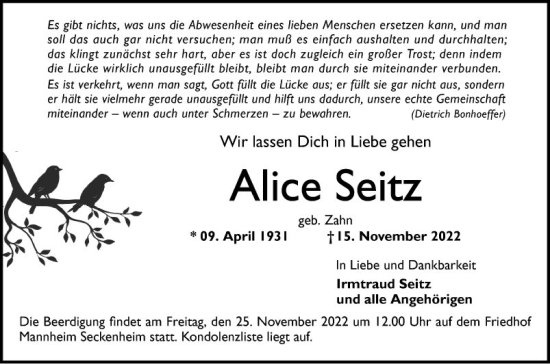 Traueranzeige von Alice Seitz von Mannheimer Morgen