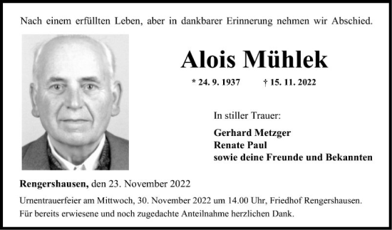 Traueranzeige von Alois Mühlek von Fränkische Nachrichten