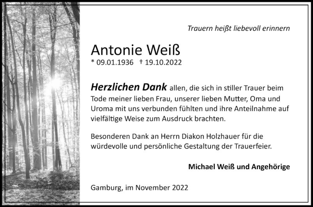  Traueranzeige für Antonie Weiß vom 05.11.2022 aus Fränkische Nachrichten