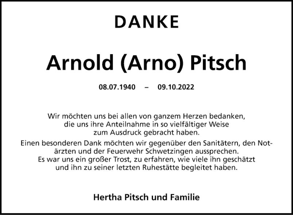  Traueranzeige für Arnold Pitsch vom 12.11.2022 aus Schwetzinger Zeitung